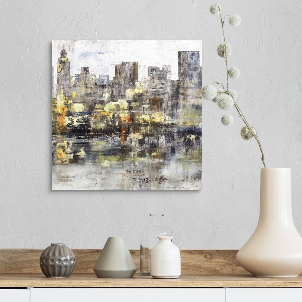 A farmhouse room featuring Square abstract painting of a city skyline with tall buildings in dark shades of gray and brown w...