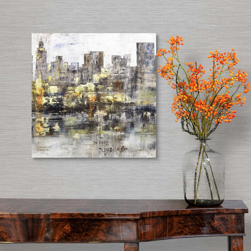 A traditional room featuring Square abstract painting of a city skyline with tall buildings in dark shades of gray and brown w...