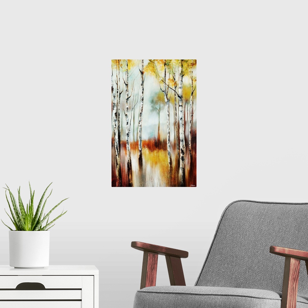A modern room featuring Abstracted landscape painting of a forest of birch trees going through seasonal transitions.