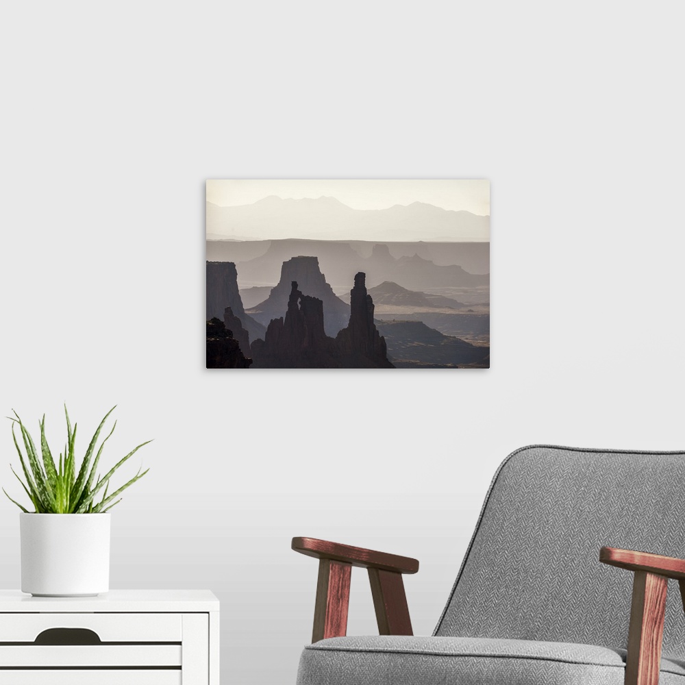 A modern room featuring Hazy morning light gives the eroded rock structures a soft blue hue in Canyonlands National Park,...