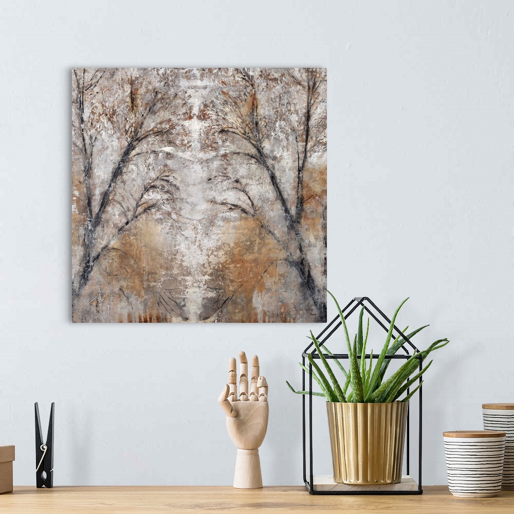 A bohemian room featuring Abstract landscape painting of a path between two trees done in cool, neutral tones and silvery g...