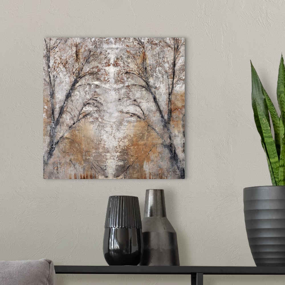 A modern room featuring Abstract landscape painting of a path between two trees done in cool, neutral tones and silvery g...