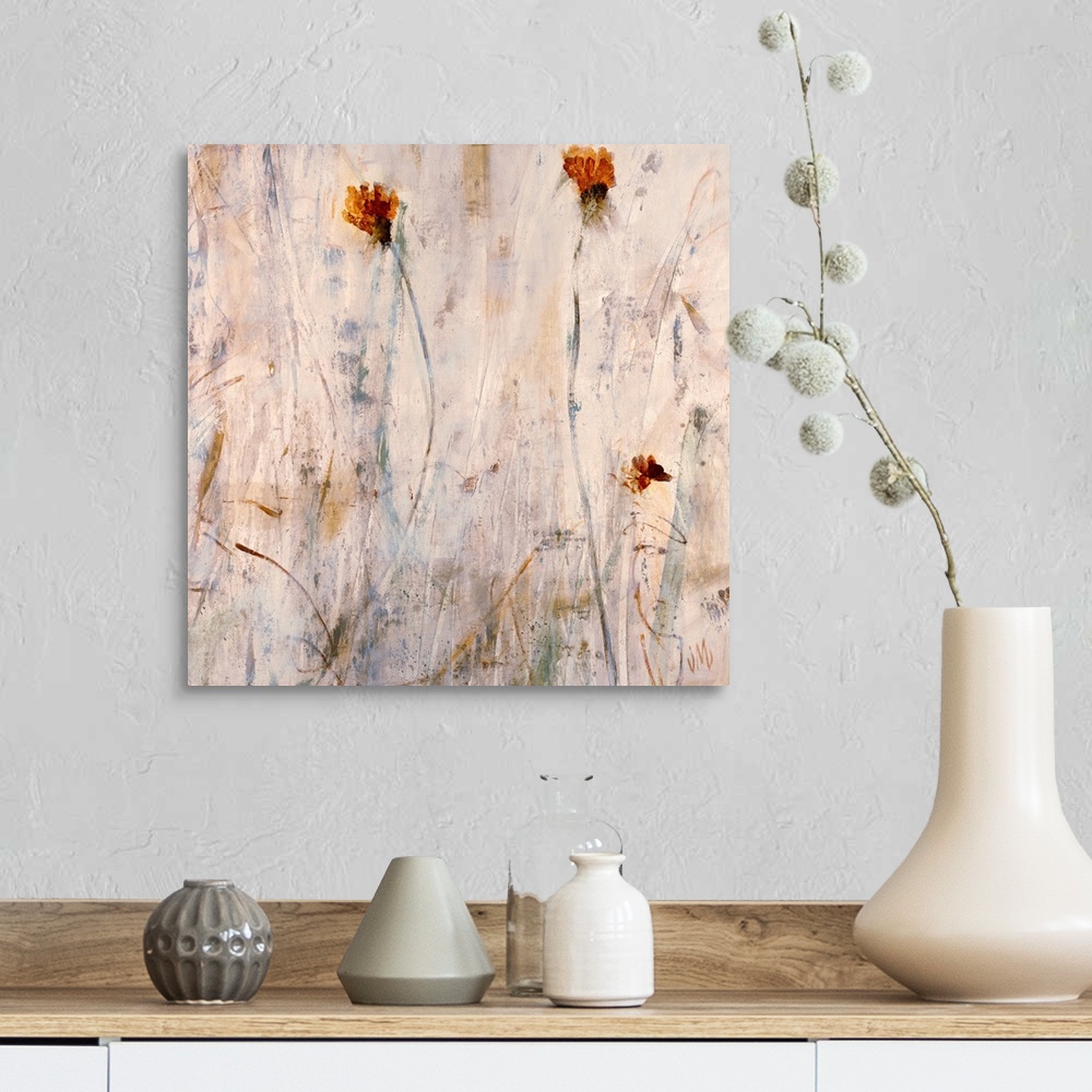 A farmhouse room featuring Big contemporary art includes a few lonely flowers sitting against a mostly empty background.