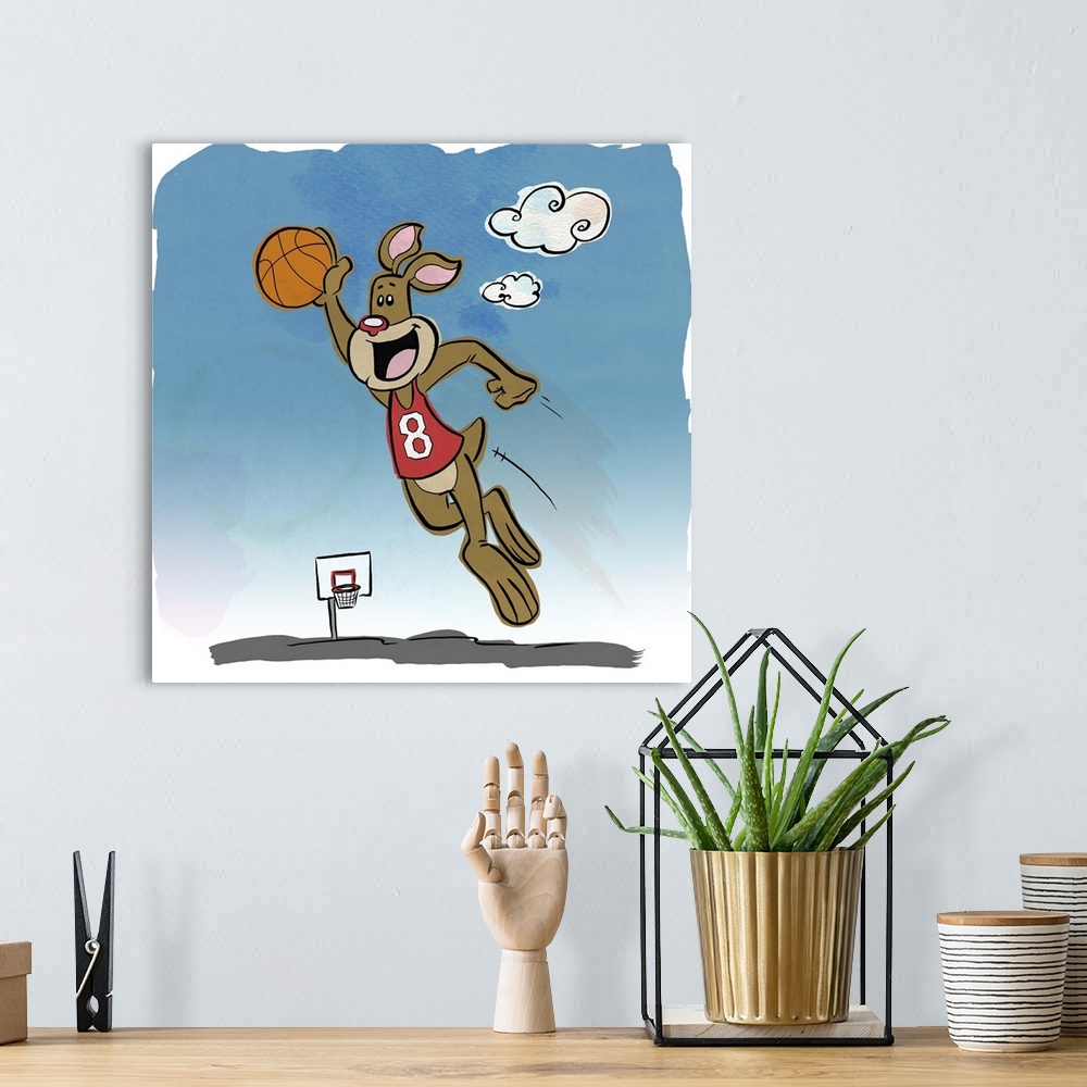 A bohemian room featuring Fun cartoon artwork of a kangaroo leaping into the air with a basketball.