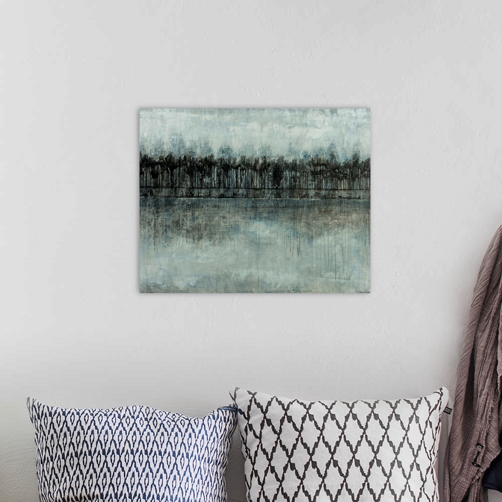 A bohemian room featuring Abstract landscape of a forest in various shades of blue and gray.