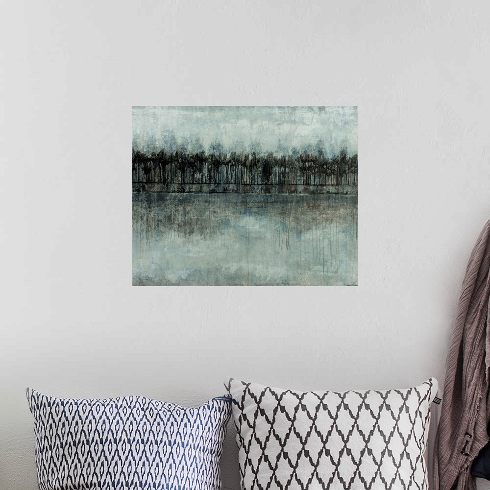 A bohemian room featuring Abstract landscape of a forest in various shades of blue and gray.