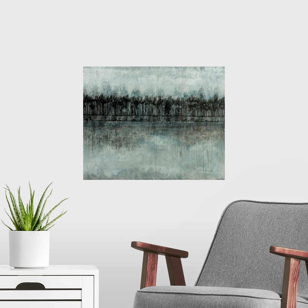 A modern room featuring Abstract landscape of a forest in various shades of blue and gray.