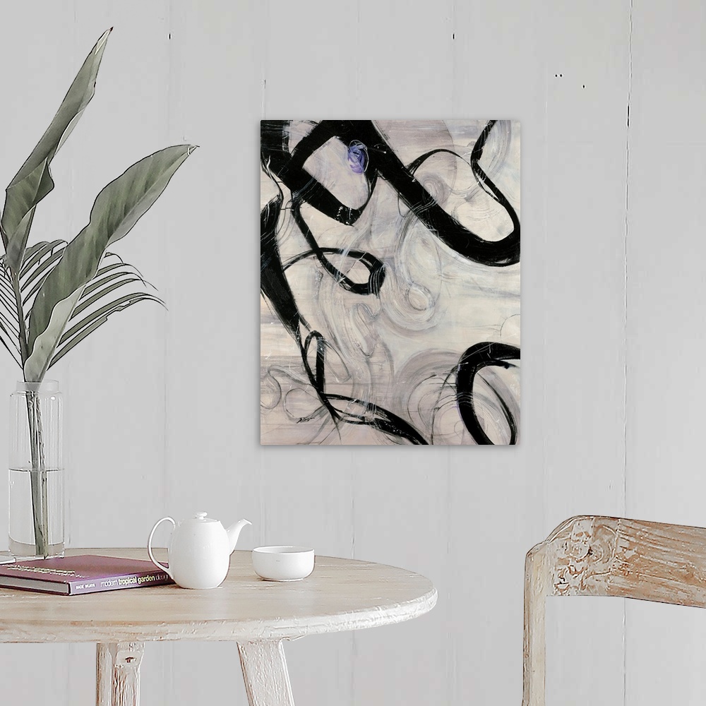 A farmhouse room featuring Vertical abstract painting with calligraphic shapes.