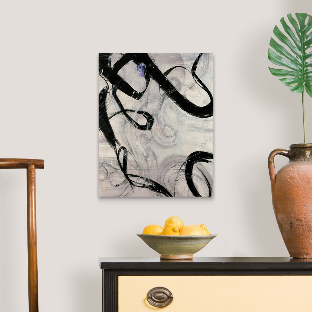 A traditional room featuring Vertical abstract painting with calligraphic shapes.