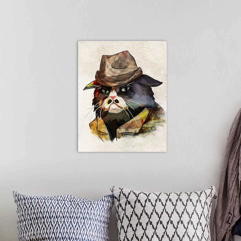 A bohemian room featuring Pop art of a cat wearing a detective hat and an intense expression.