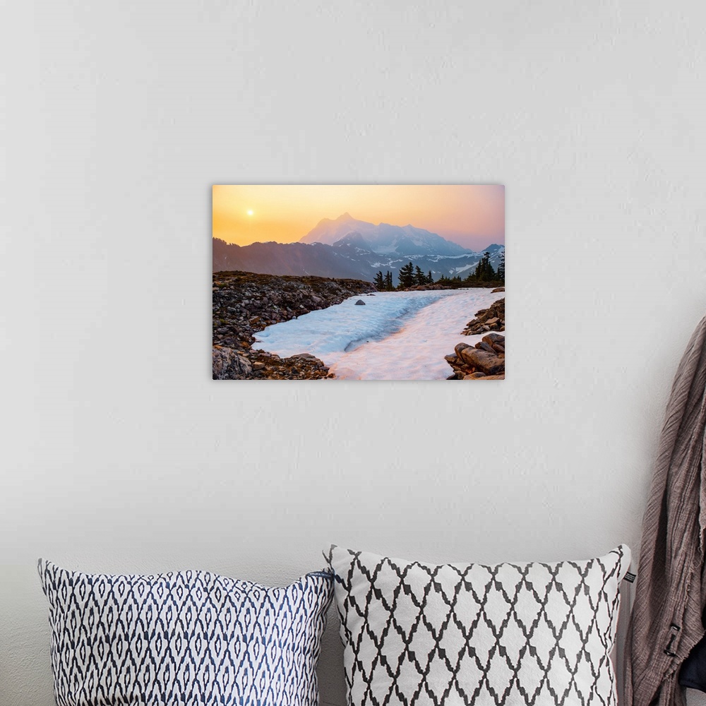 A bohemian room featuring View of a snowy path on Artist Point Trail with the sun rising over Mount Shuksan in the backgrou...