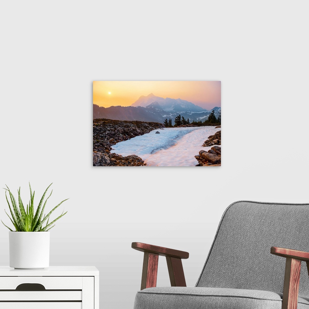 A modern room featuring View of a snowy path on Artist Point Trail with the sun rising over Mount Shuksan in the backgrou...