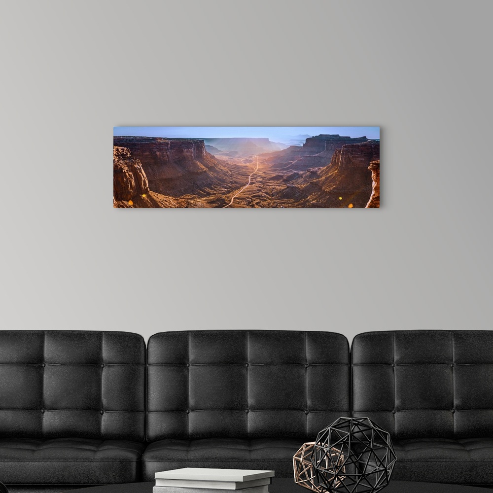 A modern room featuring Panoramic view of the cliffs and mesas in the desert landscape of Canyonlands National Park, Moab...