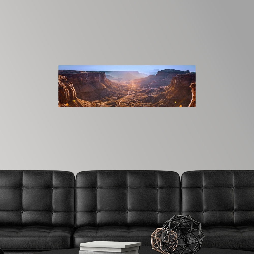 A modern room featuring Panoramic view of the cliffs and mesas in the desert landscape of Canyonlands National Park, Moab...