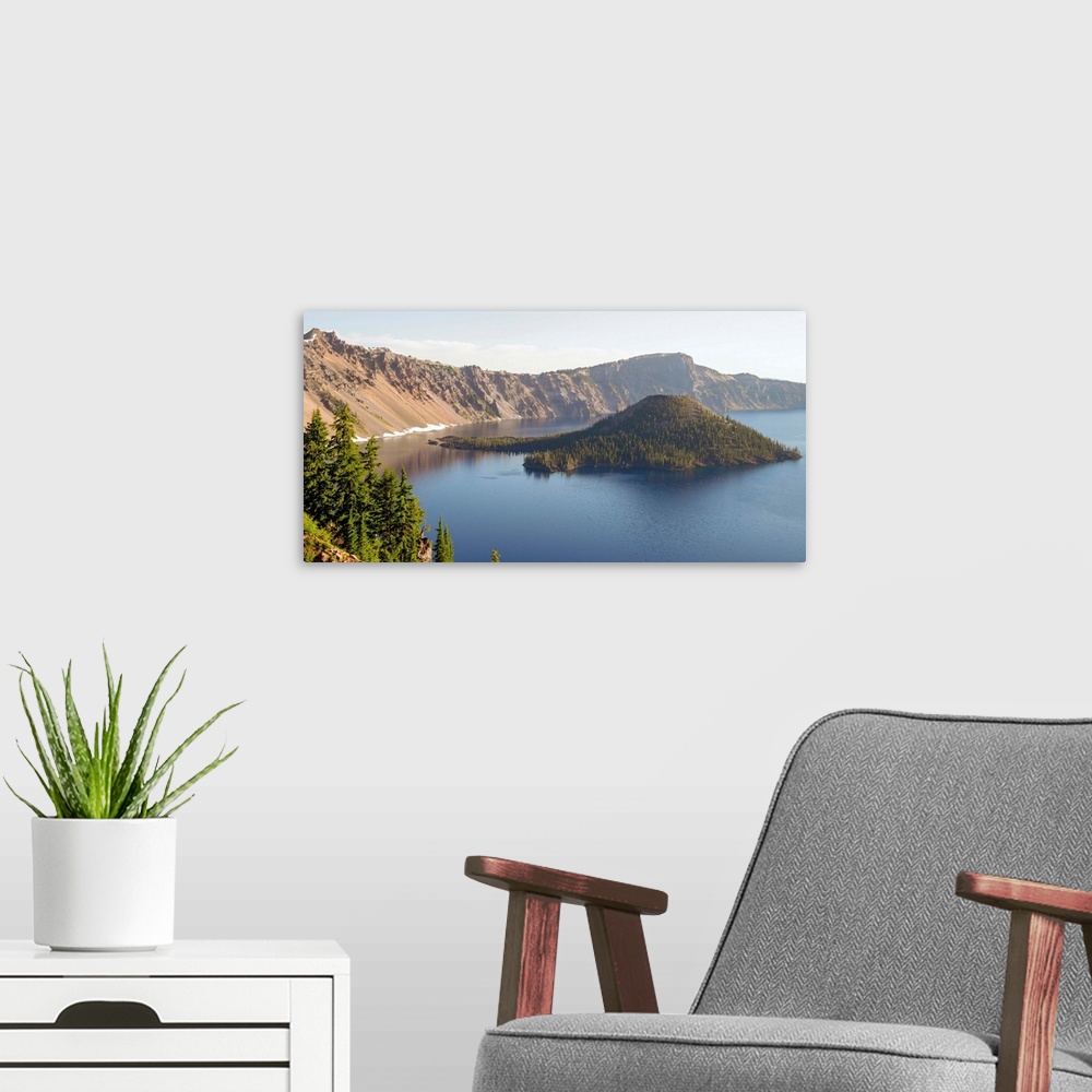 A modern room featuring View of Wizard Island in Crater Lake, Oregon.