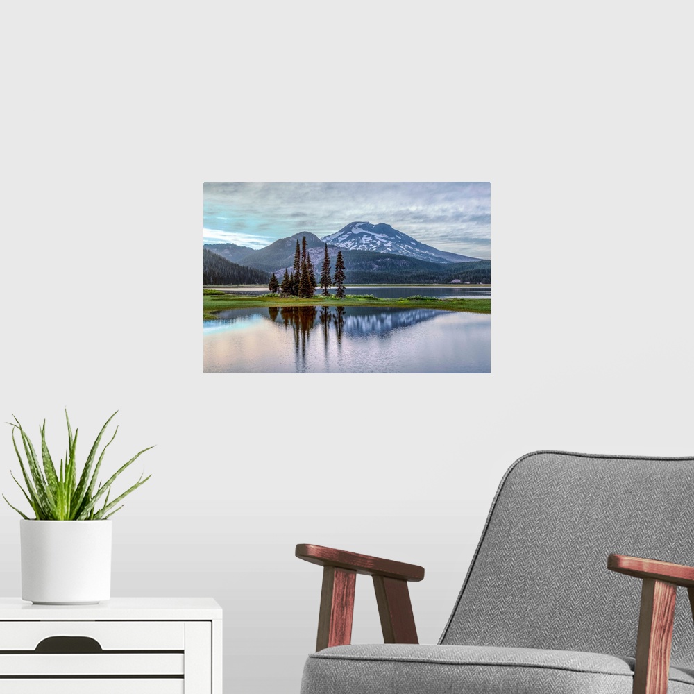 A modern room featuring View of South Sister peak near Sparks Lake in Deschutes National Forest in Oregon.