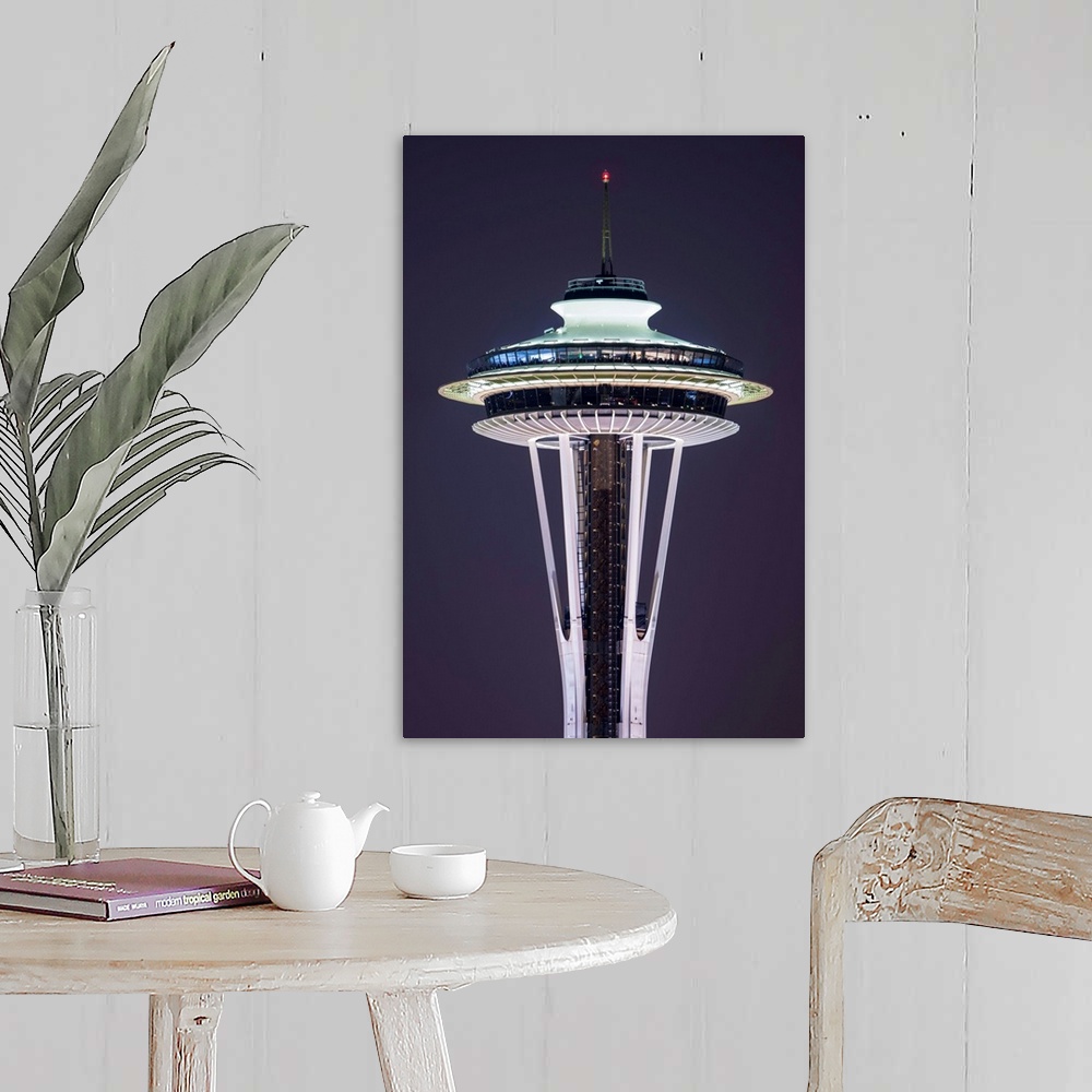 A farmhouse room featuring Photograph of the Seattle Space Needle lit up at night with dark purple skies in the background.