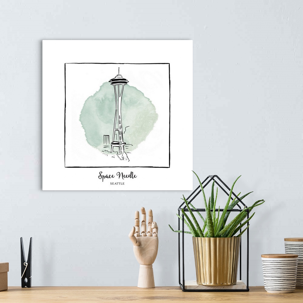 A bohemian room featuring An ink illustration of the Space Needle in Seattle, Washington, with a green watercolor wash.