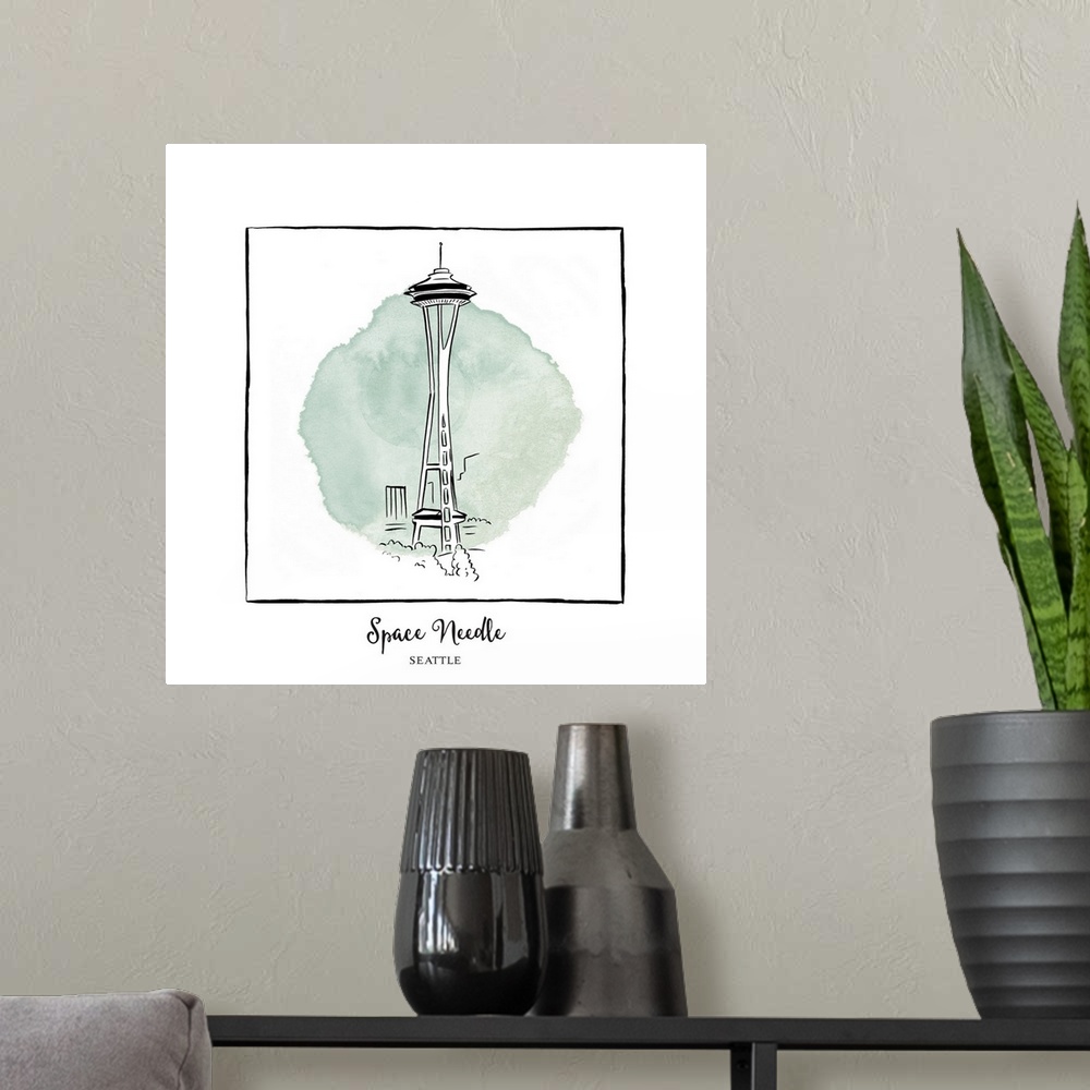 A modern room featuring An ink illustration of the Space Needle in Seattle, Washington, with a green watercolor wash.
