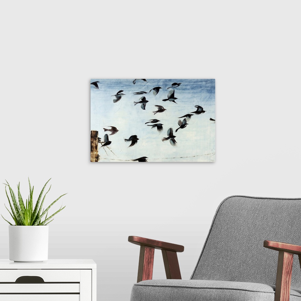 A modern room featuring Contemporary artwork of a flock of sparros in flight above a power line in front of a light blue ...