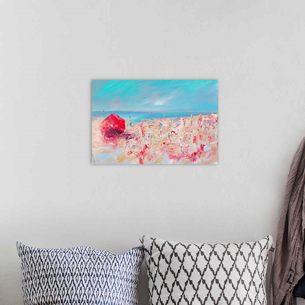 A bohemian room featuring Contemporary painting of a beach scene with a bright red umbrella and deep turquoise water.