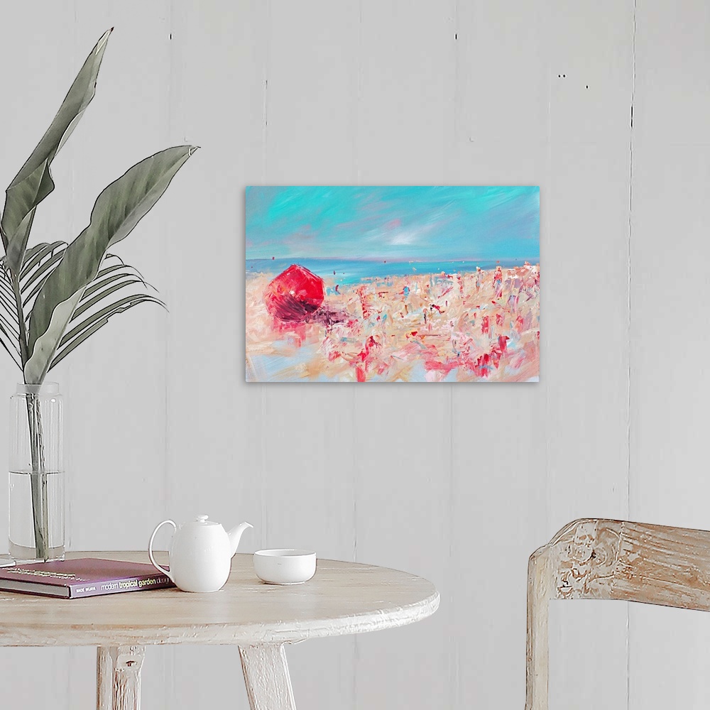 A farmhouse room featuring Contemporary painting of a beach scene with a bright red umbrella and deep turquoise water.