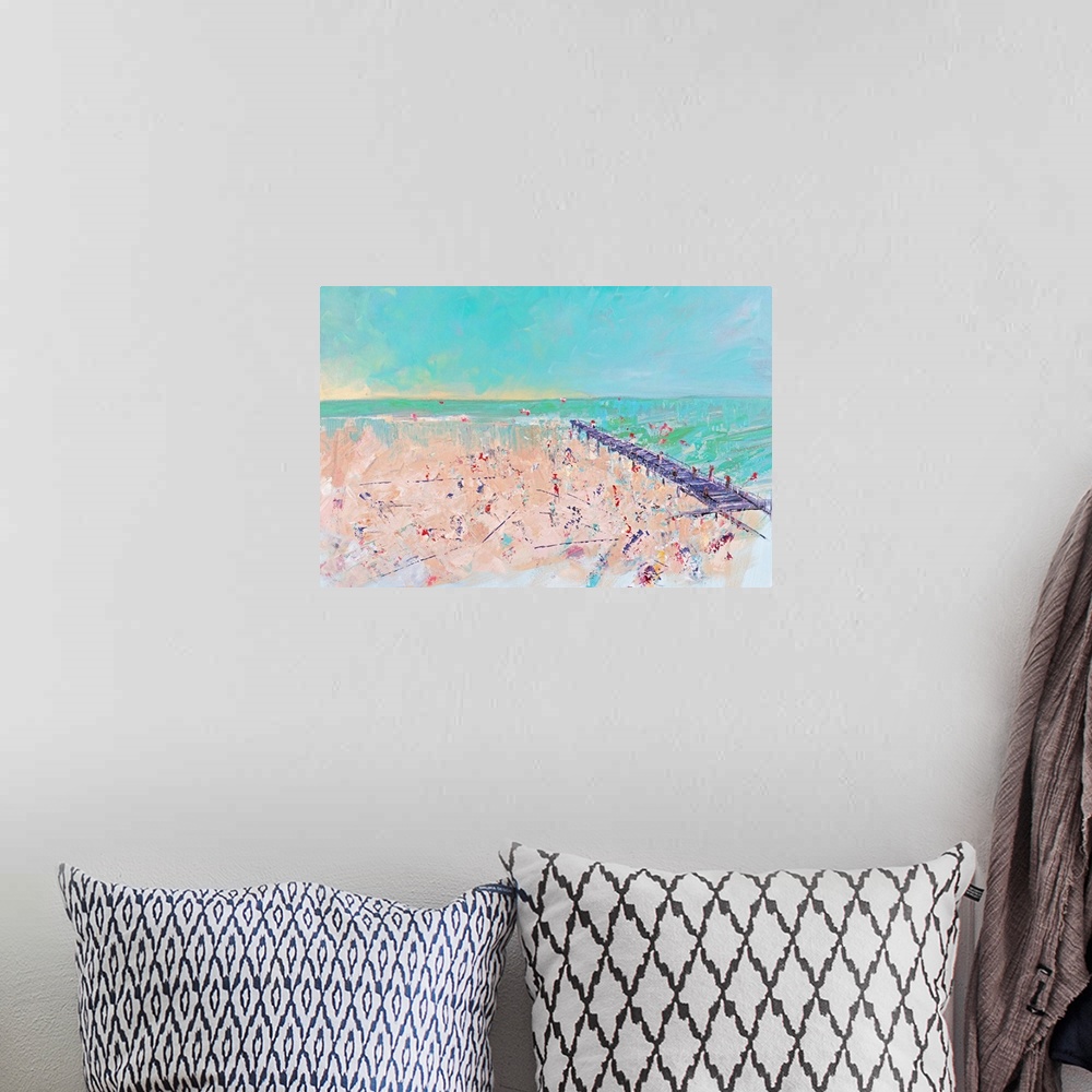 A bohemian room featuring Contemporary artwork of a beach scene with a pier stretching into the ocean.
