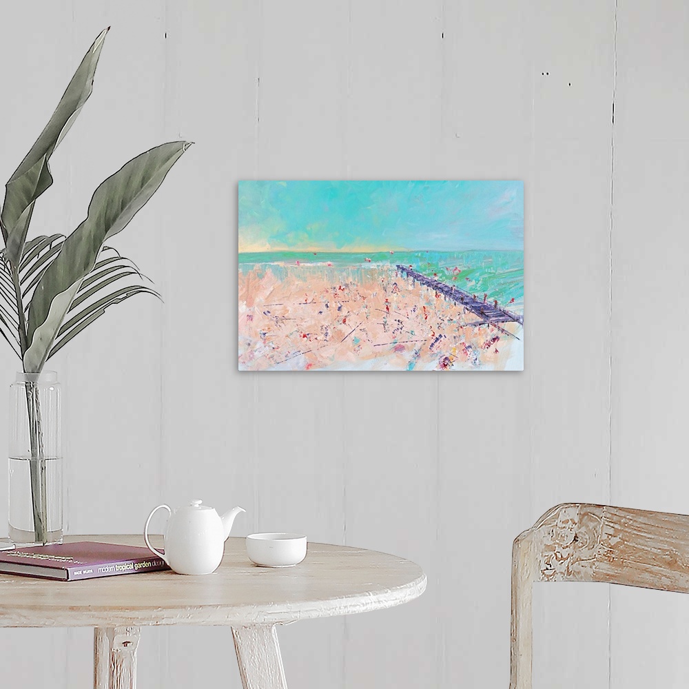 A farmhouse room featuring Contemporary artwork of a beach scene with a pier stretching into the ocean.