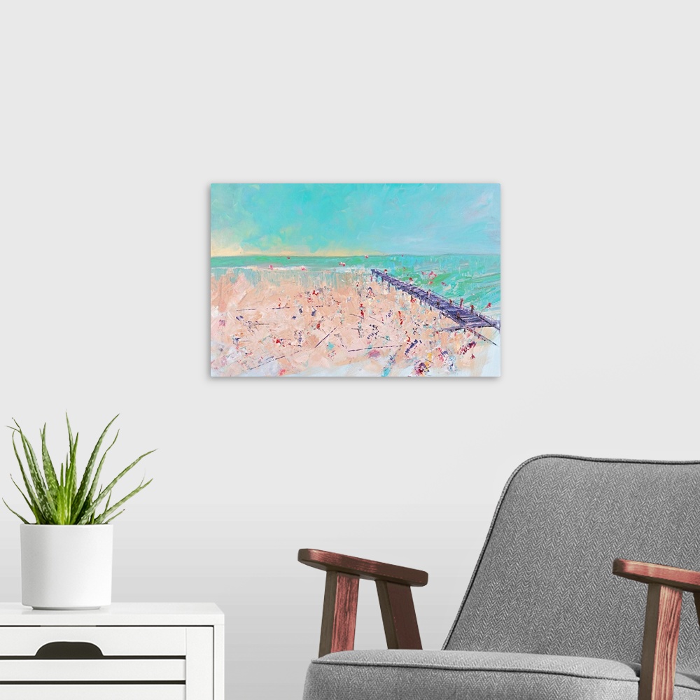 A modern room featuring Contemporary artwork of a beach scene with a pier stretching into the ocean.