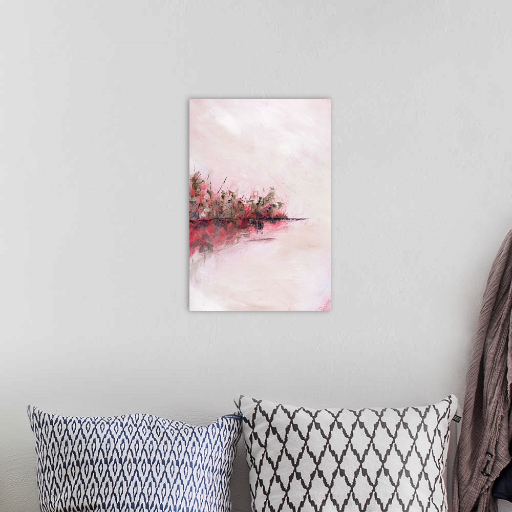 A bohemian room featuring Contemporary abstract artwork in shades of light pink and deep red.