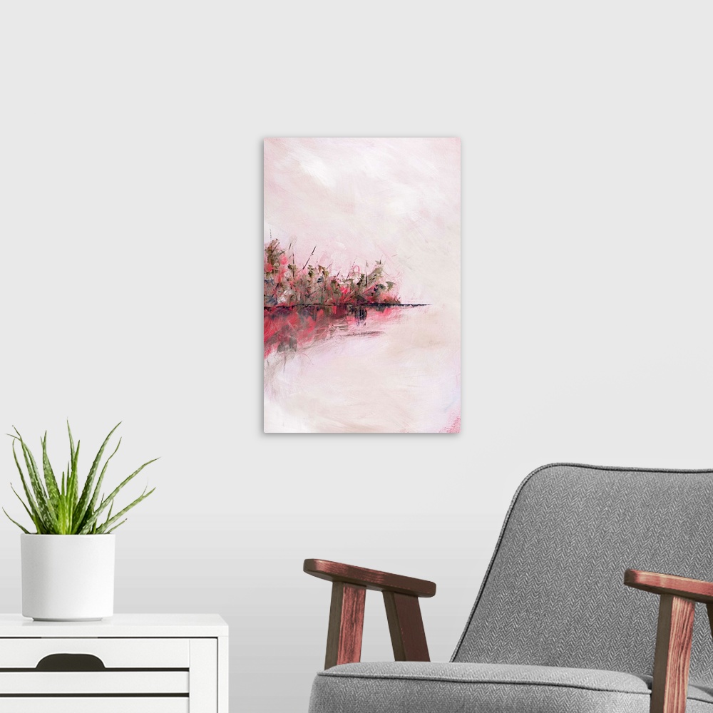 A modern room featuring Contemporary abstract artwork in shades of light pink and deep red.