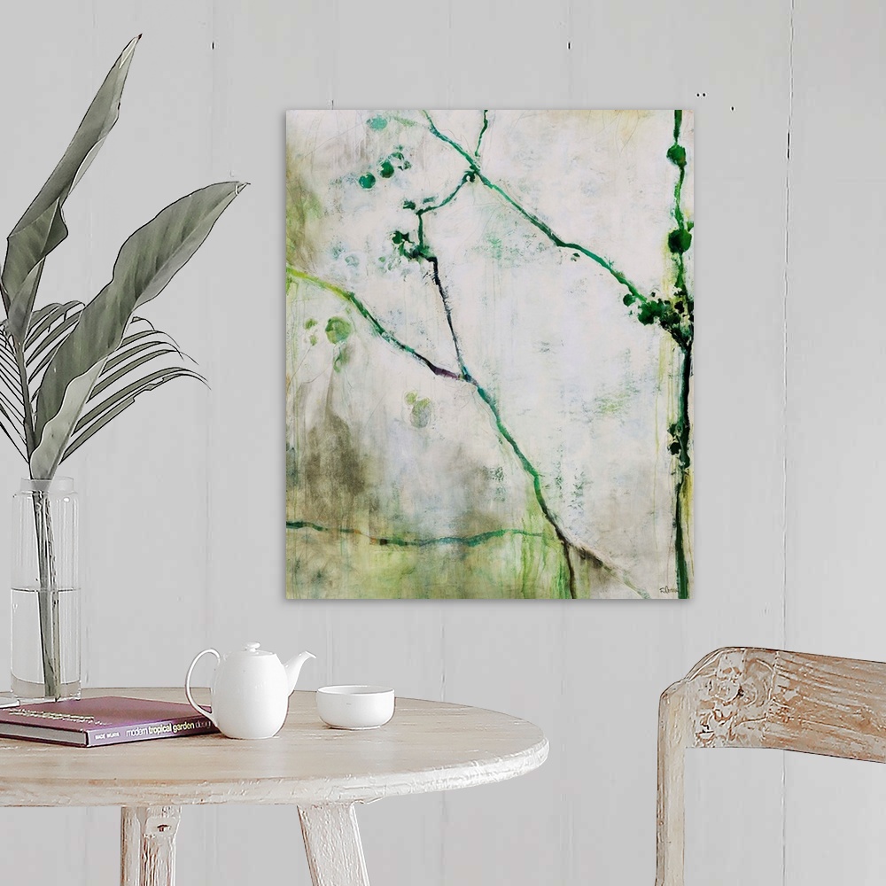 A farmhouse room featuring Abstracted and simplistic painting botanical painting painted with varying shades of green.