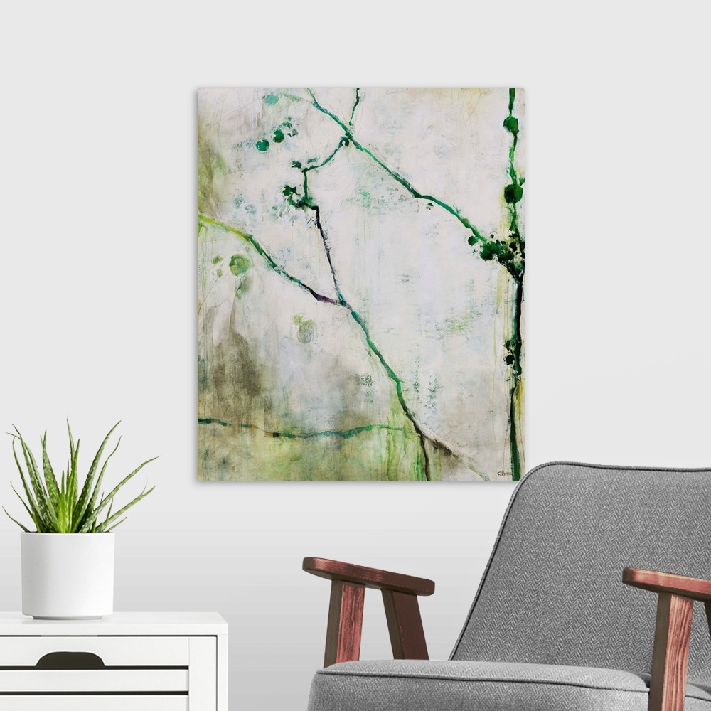 A modern room featuring Abstracted and simplistic painting botanical painting painted with varying shades of green.