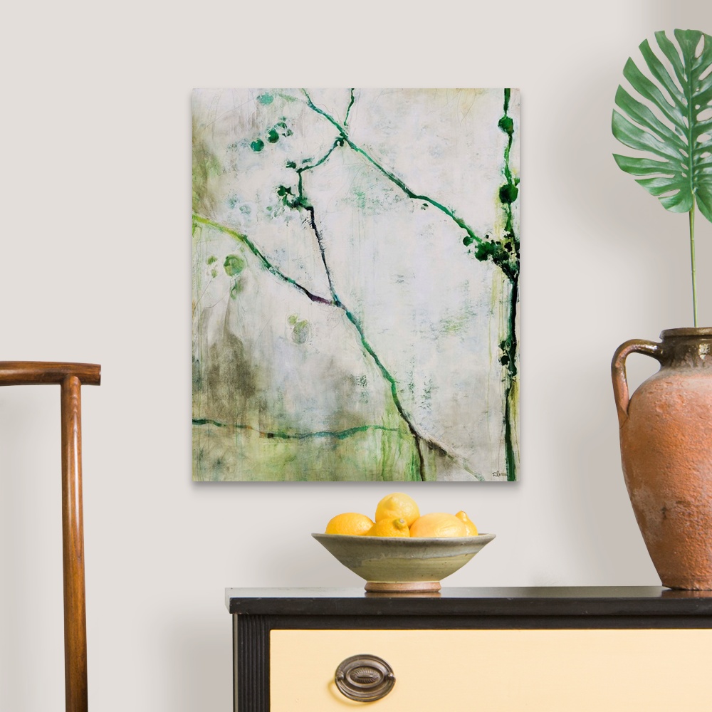 A traditional room featuring Abstracted and simplistic painting botanical painting painted with varying shades of green.