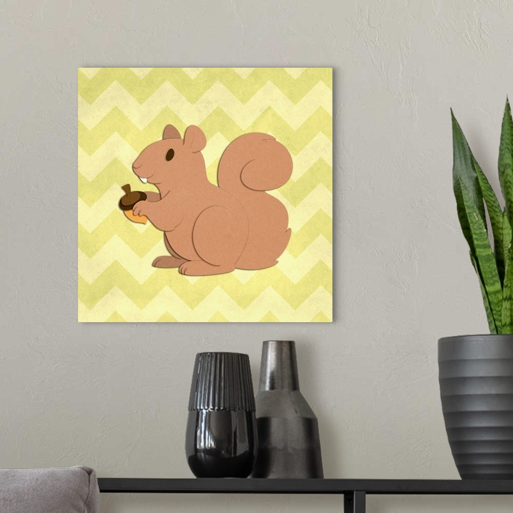 A modern room featuring A squirrel with an acorn with the appearance of cutout paper on a yellow chevron-patterned backgr...