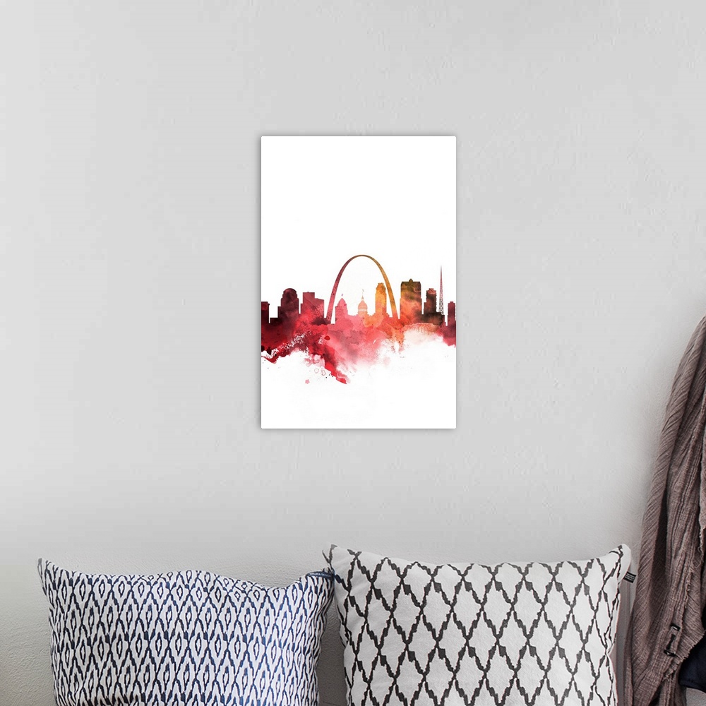 A bohemian room featuring The St. Louis city skyline in colorful watercolor splashes.
