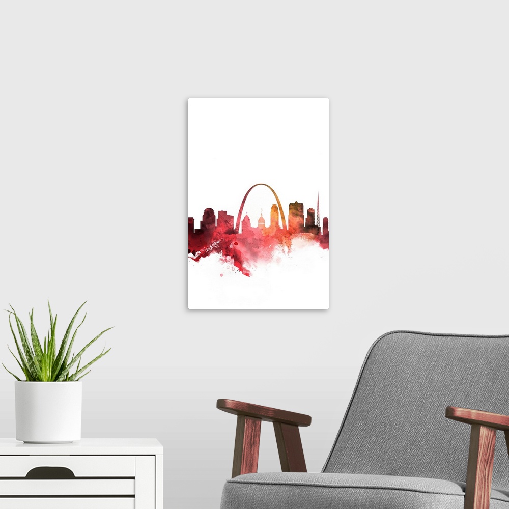 A modern room featuring The St. Louis city skyline in colorful watercolor splashes.