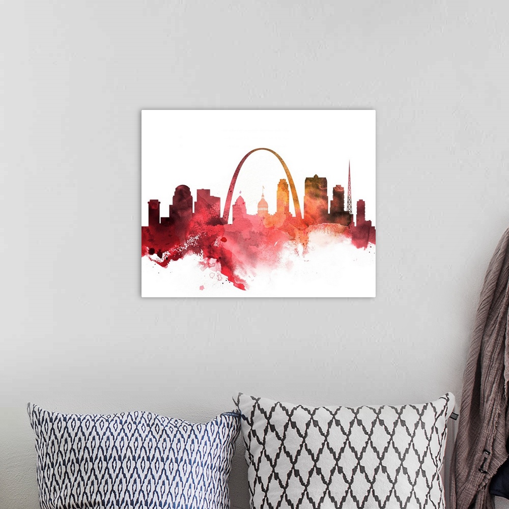 A bohemian room featuring The St. Louis city skyline in colorful watercolor splashes.