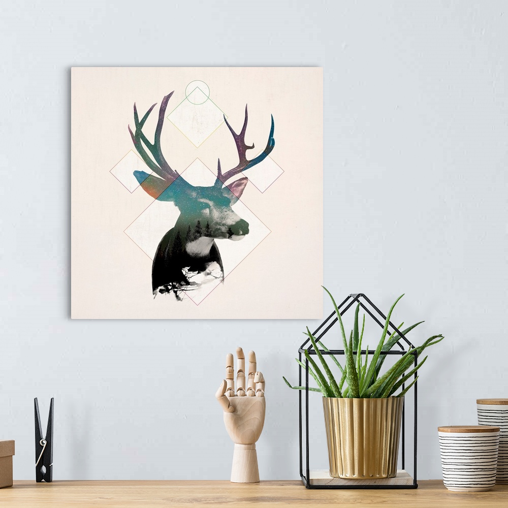 A bohemian room featuring Double exposure artwork of a deer portrait and diamond shapes.