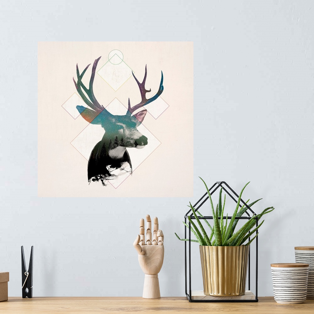 A bohemian room featuring Double exposure artwork of a deer portrait and diamond shapes.