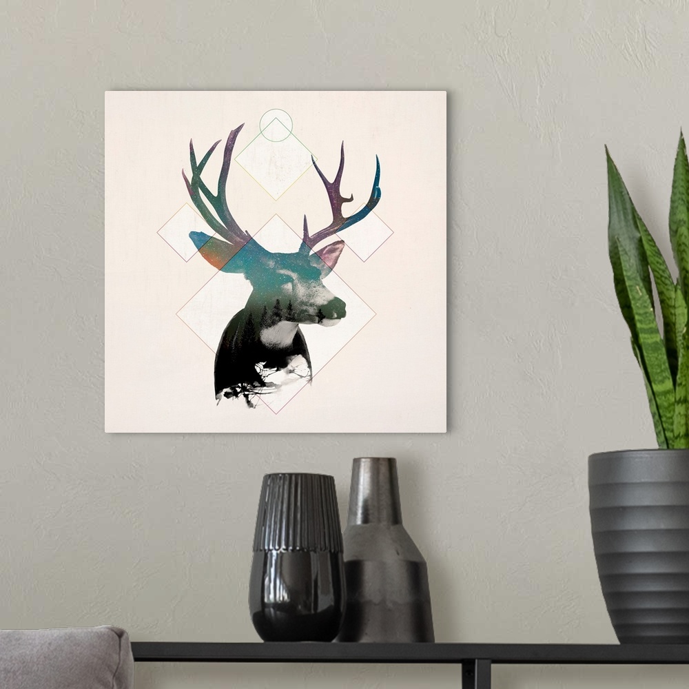 A modern room featuring Double exposure artwork of a deer portrait and diamond shapes.