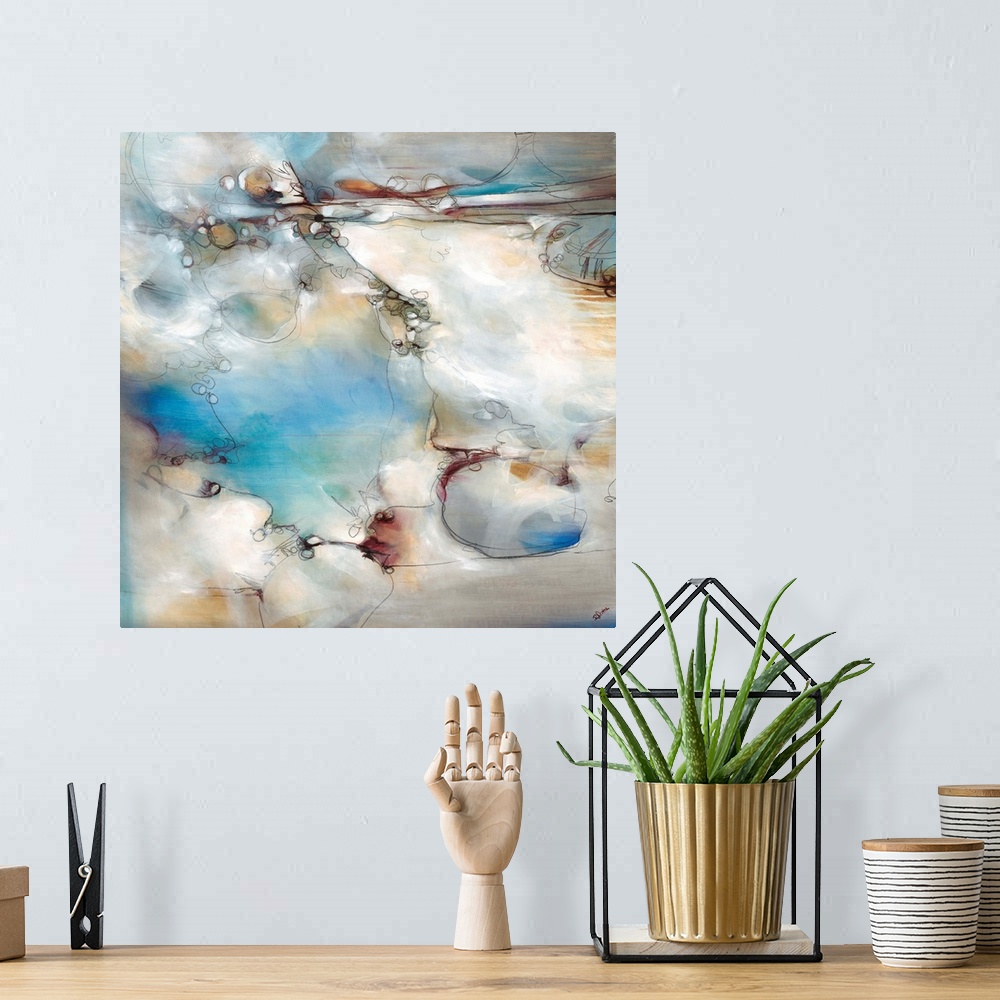 A bohemian room featuring Contemporary painting that studies energy and movement with the sue of muted blues and grays and ...
