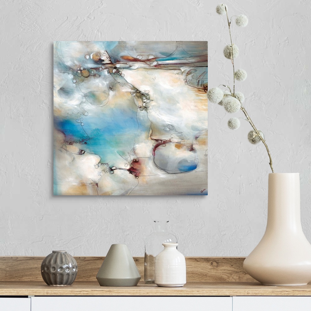 A farmhouse room featuring Contemporary painting that studies energy and movement with the sue of muted blues and grays and ...