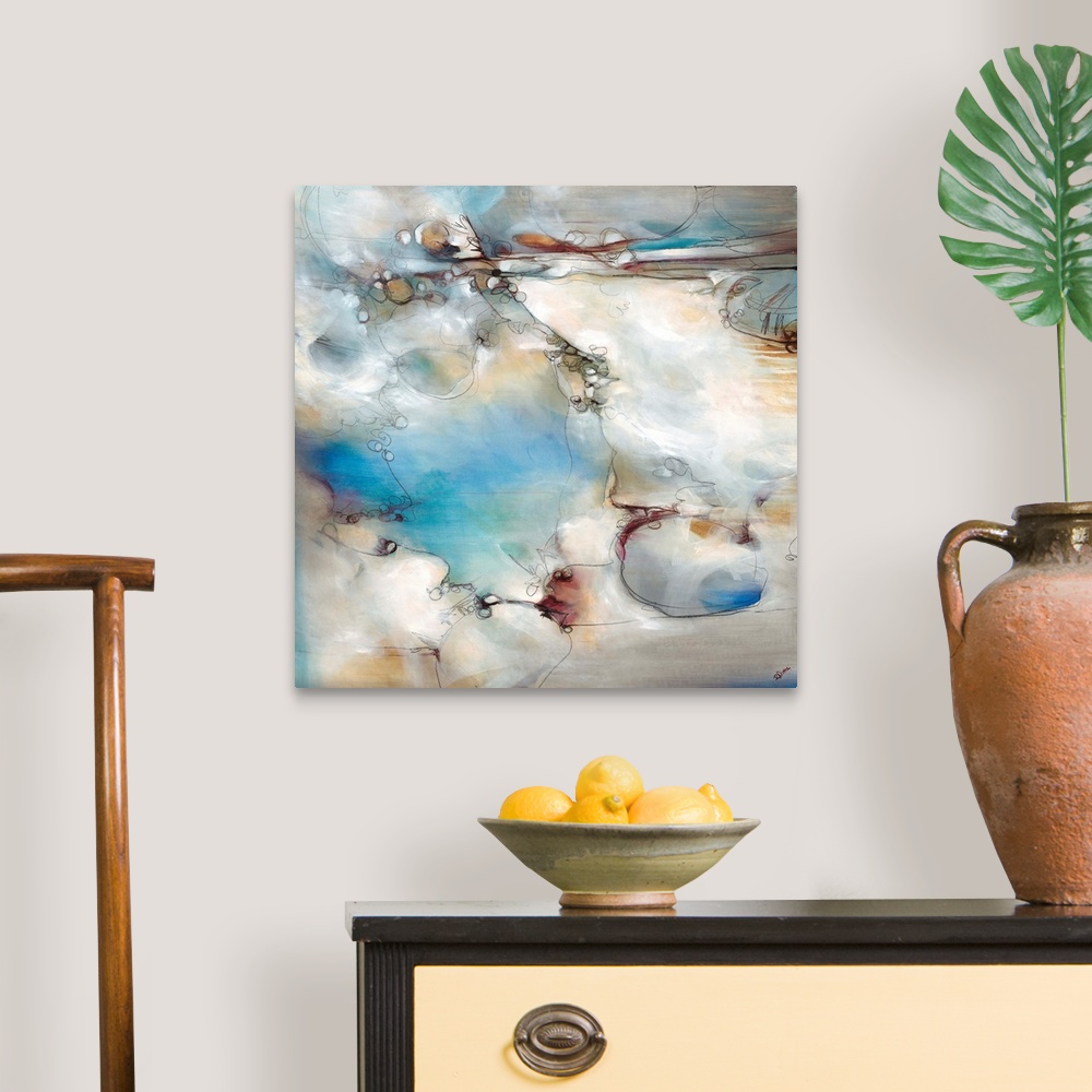 A traditional room featuring Contemporary painting that studies energy and movement with the sue of muted blues and grays and ...