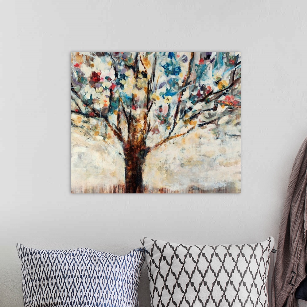 A bohemian room featuring An abstract tree with multicolored leaves and blooms painted with bold, dramatic brush strokes.