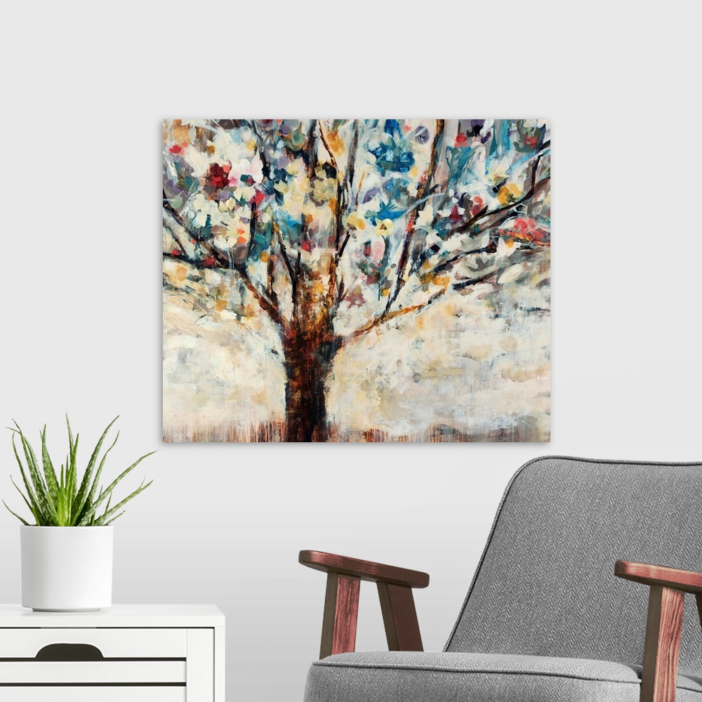 A modern room featuring An abstract tree with multicolored leaves and blooms painted with bold, dramatic brush strokes.