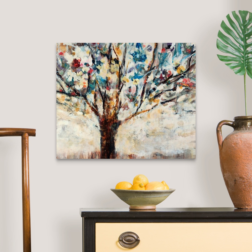 A traditional room featuring An abstract tree with multicolored leaves and blooms painted with bold, dramatic brush strokes.