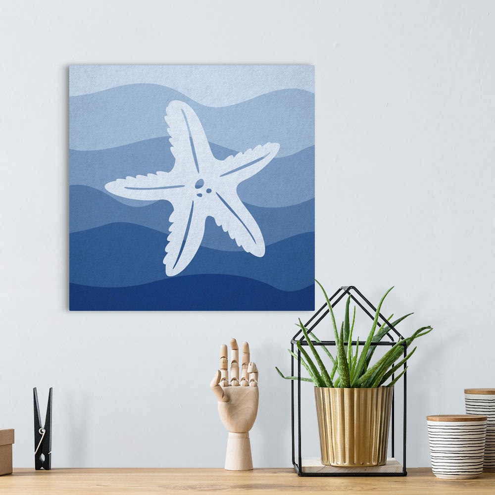A bohemian room featuring Nursery art of a starfish swimming in blue waves.