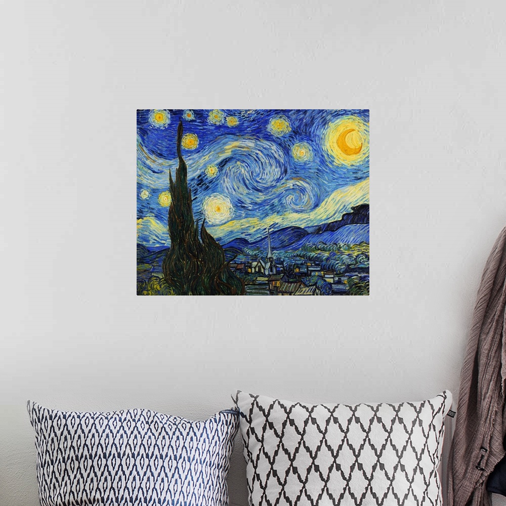 A bohemian room featuring The Starry Night (1889) by Vincent Van Gogh.