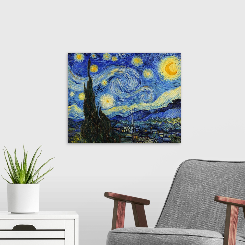 A modern room featuring The Starry Night (1889) by Vincent Van Gogh.